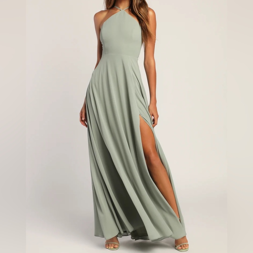 Lulus Sage Green Halter Maxi Dress w/ Slit | XL | Like New - Picture 5 of 13